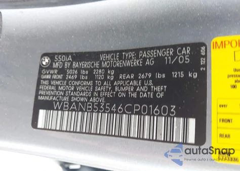 2006 BMW 550I from USA, damaged, VIN WBANB53546CP01603